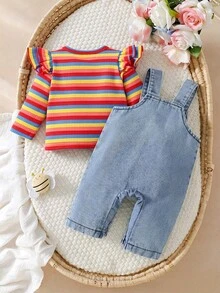 SHEIN Playful Pals 2件組女嬰韓式清新花卉與動物牛仔吊帶褲套裝，粉色荷葉袖羅紋長袖T恤，精緻花卉，柔軟面料，適中厚度，嬰兒2件套，春秋新品，適合派對、慶祝、日常穿著，0-1歲 - 藍色 - 查看 2