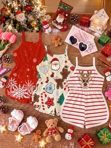 3pcs/Set Baby Girl Christmas New Deer Christmas Tree Snowflake Print Spaghetti Strap Round Neck Casual Romper - Multicolor - View 1