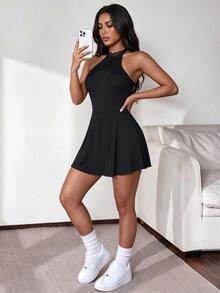 Slayform Slayform Women's Lace Patchwork Casual Daily Halter Neck Sports Dress - Black - View 6