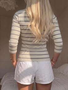 SHEIN EZwear 休閒極簡風 95% 棉性感露肩棕色條紋短袖 T-shirt，適合春夏穿搭，棕色條紋顯白，夏季上衣，適用日常通勤、約會、派對、秋冬春夏、聖誕節、新年、感恩節、婚禮、海灘、畢業典禮，時尚款 - 彩色 - 查看 2