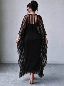 Elenzga Plus Size Women Solid Color Camisole Dress And Cover Up Set - Black - View 2