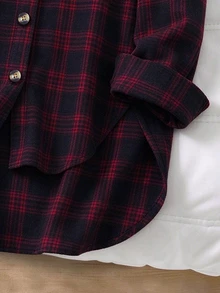 SHEIN 女童時尚休閒學院風寬鬆慵懶長袖中長版襯衫，適合日常穿著、秋季上衣、校園、外出、派對、聖誕，黑色與紅色 - 酒紅色 - 查看 4