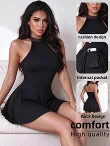 Slayform Slayform Women's Lace Patchwork Casual Daily Halter Neck Sports Dress - Black - View 7