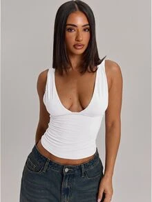 SHEIN BAE 95%棉女款休閒性感修身深V領背心上衣 白色 - 白色 - 查看 5