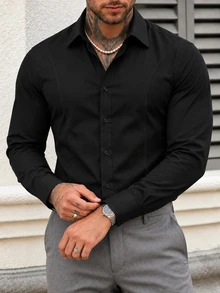 Manfinity Mode Men's Business Casual Wrinkle-Resistant Fabric Front Panel Patchwork Design Long Sleeve Shirt - Black - View 4