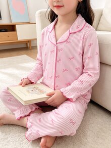 SHEIN 女童 2 件組居家睡衣套裝，春秋款翻領開襟長袖上衣，粉色與白色條紋蝴蝶結印花搭配荷葉邊飾長褲，甜美親膚家居服 - 粉色 - 查看 7