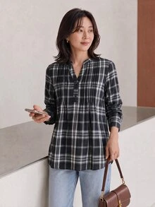 Yumoku Kemeja Kasual Serbaguna Wanita Motif Kotak-kotak untuk Sehari-hari - Hitam dan Putih - View 1