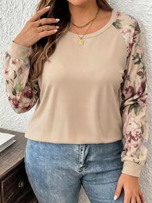 SHEIN CURVE+ Khaki Rose Print Plus Size Women's Casual Raglan Sleeve Crew Neck Loose Fit T-Shirt, Suitable For Spring And Autumn, Extra Large Full Print Raglan Sleeve T-Shirt - Multicolor - View 5