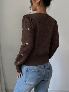 Elenzga 女款休閒星星刺繡針織套頭毛衣，秋季長袖上衣，秋冬款 - 咖啡棕 - 查看 2