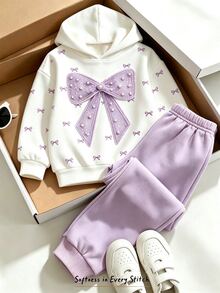 Tween女孩2件套休閒時尚春/秋/冬女童連帽衛衣與運動長褲套裝，甜美蝴蝶結圖案，外出套裝，柔軟面料，時尚百搭版型，春/秋/冬小女孩服裝套裝，女童運動服套裝 - 淡紫色 - 查看 2