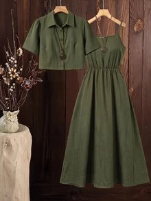 SHEIN Clasi 大尺碼夏季休閒短袖襯衫與細肩帶洋裝兩件套 - 軍綠色 - 查看 1