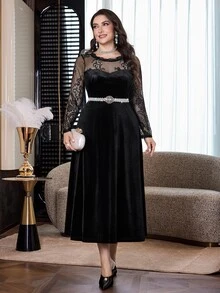Modelyn Plus Size Women's Lace Patchwork Casual Party Dress - Black - View 5