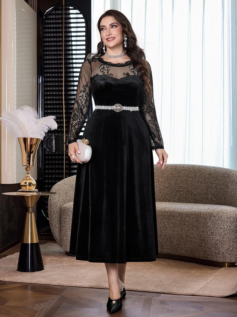 Modelyn Đầm tiệc thường ngày phối ren cho nữ size lớn - màu đen - Xem 1