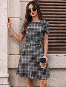EMERY ROSE 女款夏季優雅學院風通勤格紋短洋裝 辦公室棕色格紋 - 黑與白 - 查看 5
