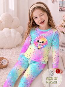 Young Girls Pajamas New Cute Bun Colorful Print Knitted High Elastic Round Neck Top With All-Over Colorful Polka Dot Pattern Long Pants Casual 2 Pieces Set Home Wear.1Set Cute Sweet Style Snug Fit - Multicolor - View 4