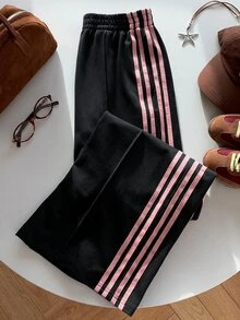 SHEIN EZwear 女款休閒 95% 棉粉色拼色條紋寬腿運動長褲，適合夏季、秋季、冬季穿著，黑色寬腿褲 - 彩色 - 查看 4