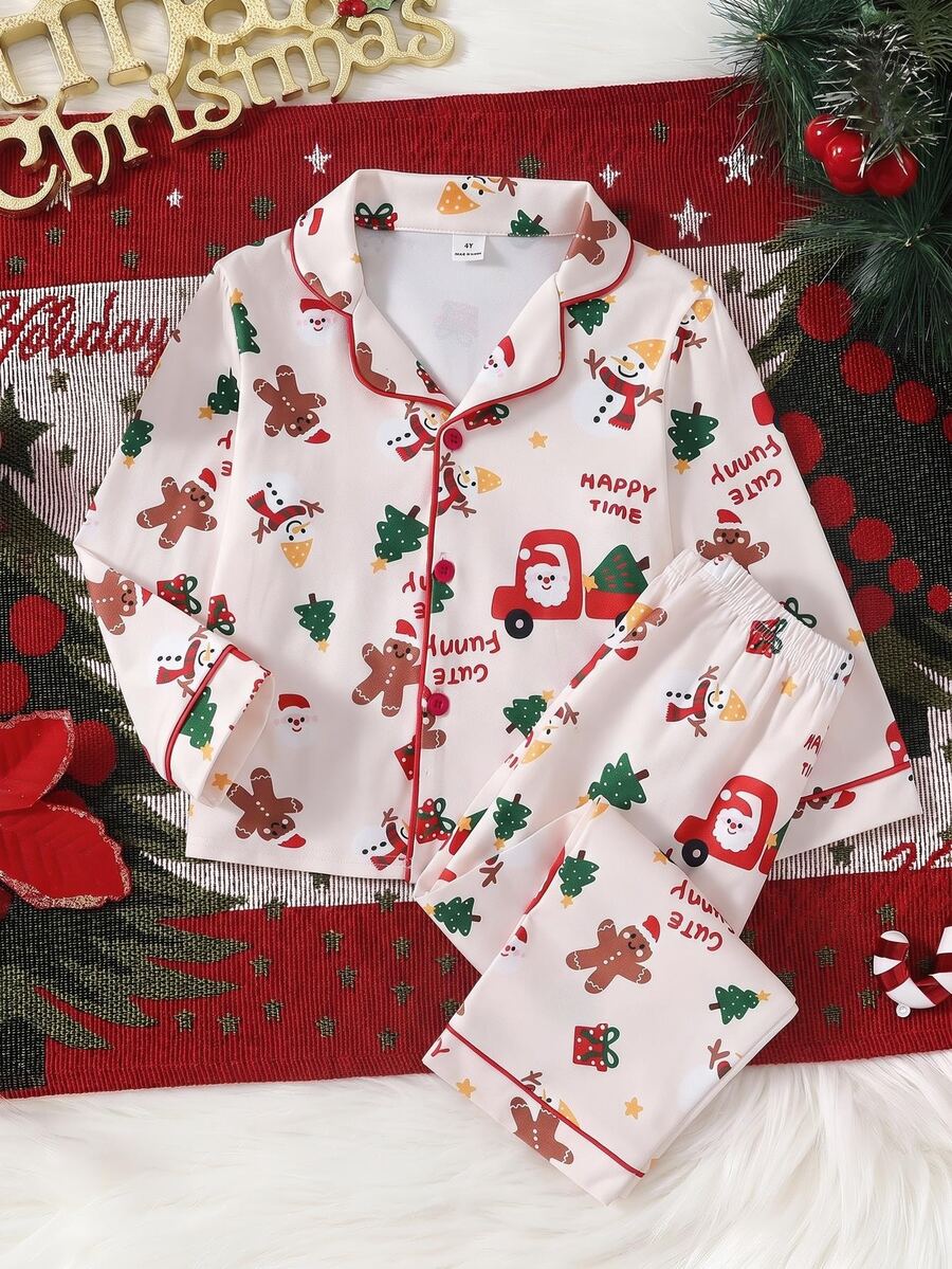 秋冬男童幼兒居家服套裝,長袖鈕扣上衣與長褲,可愛聖誕圖案滿版印花對比紅,節日家庭親子套裝 - 彩色 - 查看 1