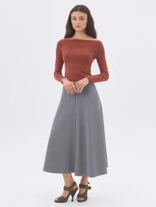 KÆRIA Hus Long Sleeve Boat-Neck Top - Sculpted Jersey - Rust Red - Minimalist, Workwear, Layering, Long Sleeve - Red - View 4