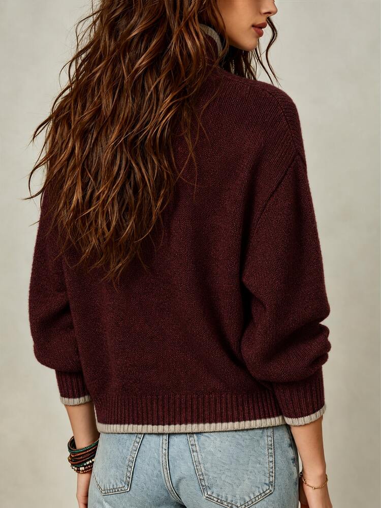 LUMIGAL Women's Colorblock Drop Shoulder Long Sleeve Single-Breasted Casual Knit Cardigan - Burgundy - View 2