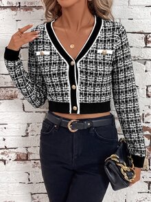 SHEIN Clasi 1pc Women's Color Blocking Trim Fitted Short Cardigan, Plaid Pattern, Elegant In Fall/Winter - Black and White - View 6