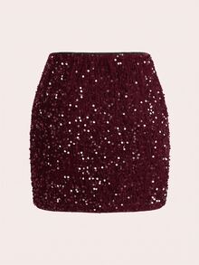 SHEIN Clasi Rok Mini Bodycon Berpayet Modis untuk Pesta Wanita - Burgundy - View 2