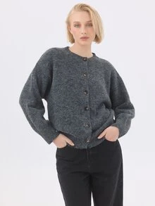 KÆRIA Hus Crew-Neck Button-Front Cardigan - Textured Knit - Charcoal Marle - Button-Up, Layering, Ribbed Trims - Dark Grey - View 4