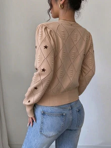 Elenzga 女款休閒星星刺繡針織套頭上衣，長袖秋季秋冬款 - 卡其色 - 查看 2