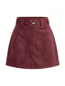 SHEIN Clasi 女款純色A字直筒高腰附腰帶裙 - 酒紅色 - 查看 4