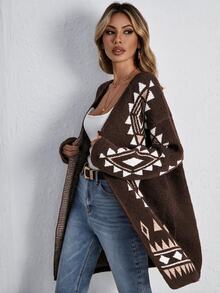 SHEIN LUNE Geo Pattern Fuzzy Knit Cardigan In Fall/Winter - Brown - View 5