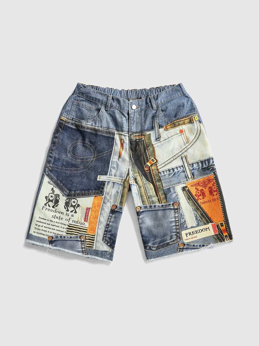 ROMWE Plus Size Women Y2K Millennium Patchwork Ultra Short Denim Five-Point Wide Leg Shorts - Blue - View 1