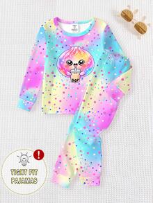 Young Girls Pajamas New Cute Bun Colorful Print Knitted High Elastic Round Neck Top With All-Over Colorful Polka Dot Pattern Long Pants Casual 2 Pieces Set Home Wear.1Set Cute Sweet Style Snug Fit - Multicolor - View 3