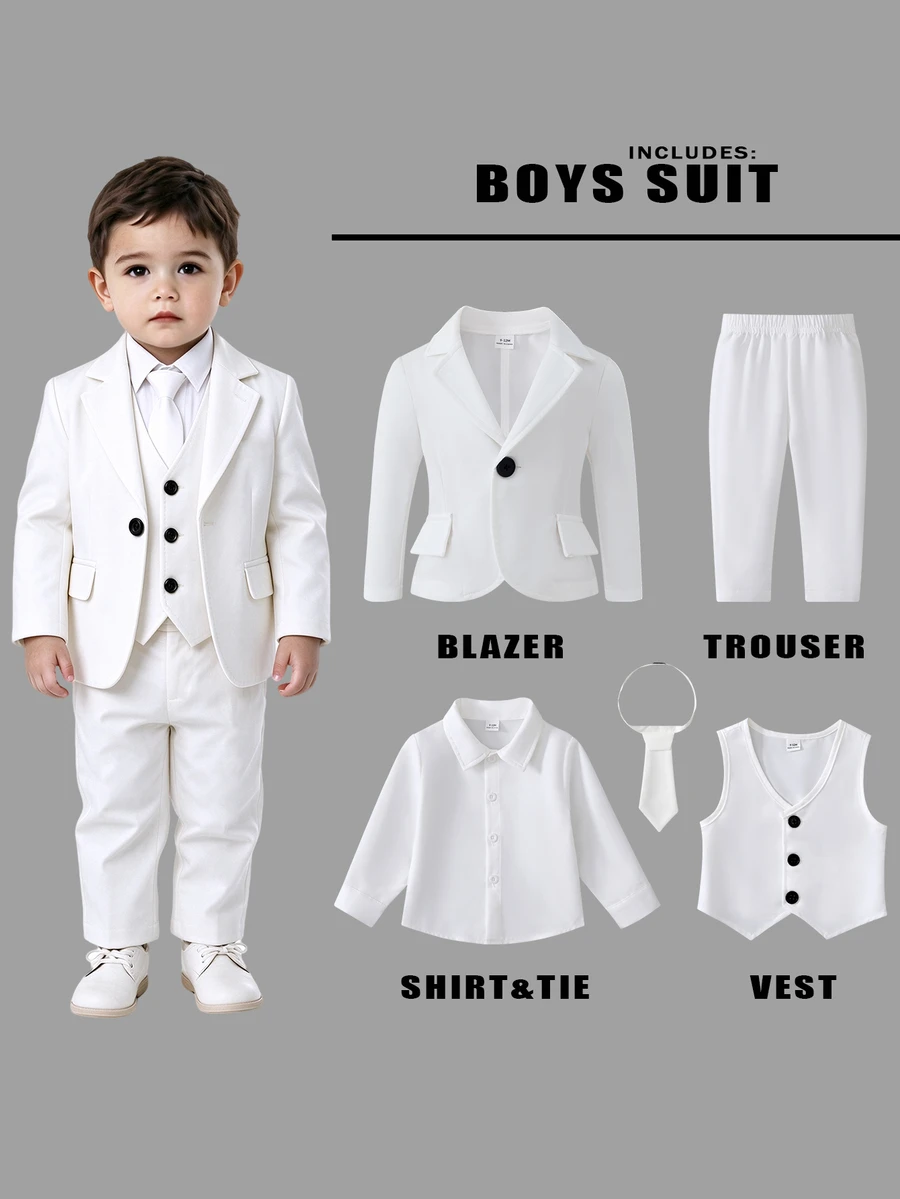 SHEIN 5pcs Toddler Boy Gentleman Suit Set Elegant White Single Breasted Button Long Sleeve Lapel Regular Wedding Party Spring Holiday Birthday Boy Formal - White - View 1