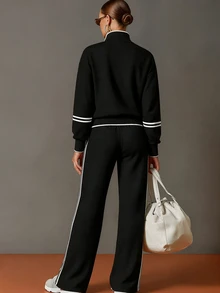 Balvessa 女款拼色長袖上衣與寬腿褲套裝 - 黑色 - 查看 2