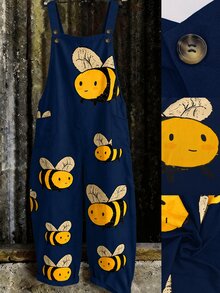 SHEIN Plus Size Simple Casual Versatile Bee Print Overalls Jumpsuit - Navy Blue - View 1
