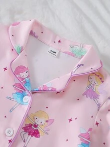 SHEIN 女嬰甜美可愛優雅親膚柔軟舒適休閒日常穿著蝴蝶結與愛心印花針織開襟長袖上衣與長褲2件套居家服 - 彩色 - 查看 4