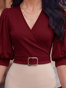Editum Women's Elegant Commuter Colorblock Patchwork Lantern Sleeve Short Dress - Burgundy - View 4