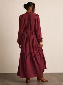 Freevana 大尺碼女款純色V領長袖紋理面料休閒長洋裝 感恩節秋季 - 酒紅色 - 查看 2