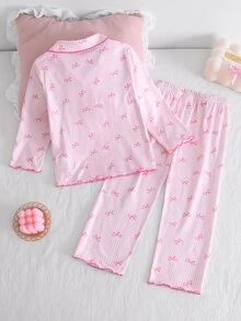 SHEIN 女童 2 件組居家睡衣套裝，春秋款翻領開襟長袖上衣，粉色與白色條紋蝴蝶結印花搭配荷葉邊飾長褲，甜美親膚家居服 - 粉色 - 查看 2