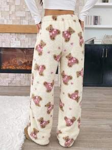 SHEIN 青少年女孩卡通印花休閒日常穿著長款冬褲 秋季 - 粉色 - 查看 4