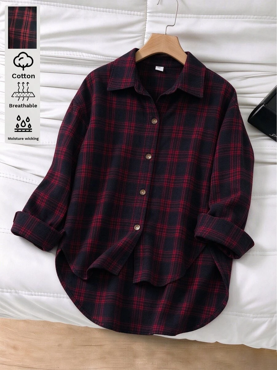 SHEIN 女童時尚休閒學院風寬鬆慵懶長袖中長版襯衫,適合日常穿著、秋季上衣、校園、外出、派對、聖誕,黑色與紅色 - 酒紅色 - 查看 1