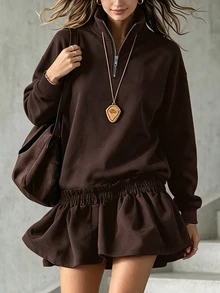 LUMIGAL 女款純色百褶休閒百搭日常長袖衛衣，適合日常與夜生活，酒紅色，秋季 - 咖啡棕 - 查看 4