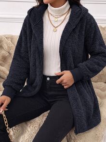 SHEIN Clasi 女款羊羔毛連帽休閒百搭日常長袖秋季運動機場穿搭拉鍊保暖咖啡棕色夾克，適合返校、上班、公路旅行與旅遊 - 藏蓝色 - 查看 4