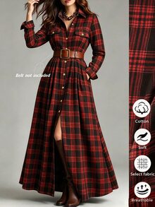 Linhara 秋冬新款時尚休閒優雅通勤印花翻領修身大尺碼洋裝 - 紅色 - 查看 1