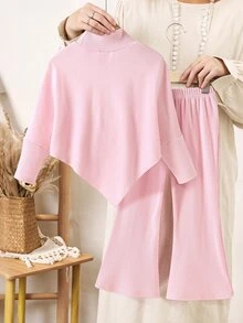 SHEIN 女童秋冬新款休閒兩件套｜不對稱上衣配3D蝴蝶結裝飾，半高領羅紋針織抓絨素色粉色羅紋針織面料上衣＋長褲 - 粉色 - 查看 2