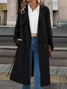 SHEIN Clasi 防皺面料保暖內裡風衣，適合秋冬穿著，溫暖舒適 - 黑色 - 查看 4