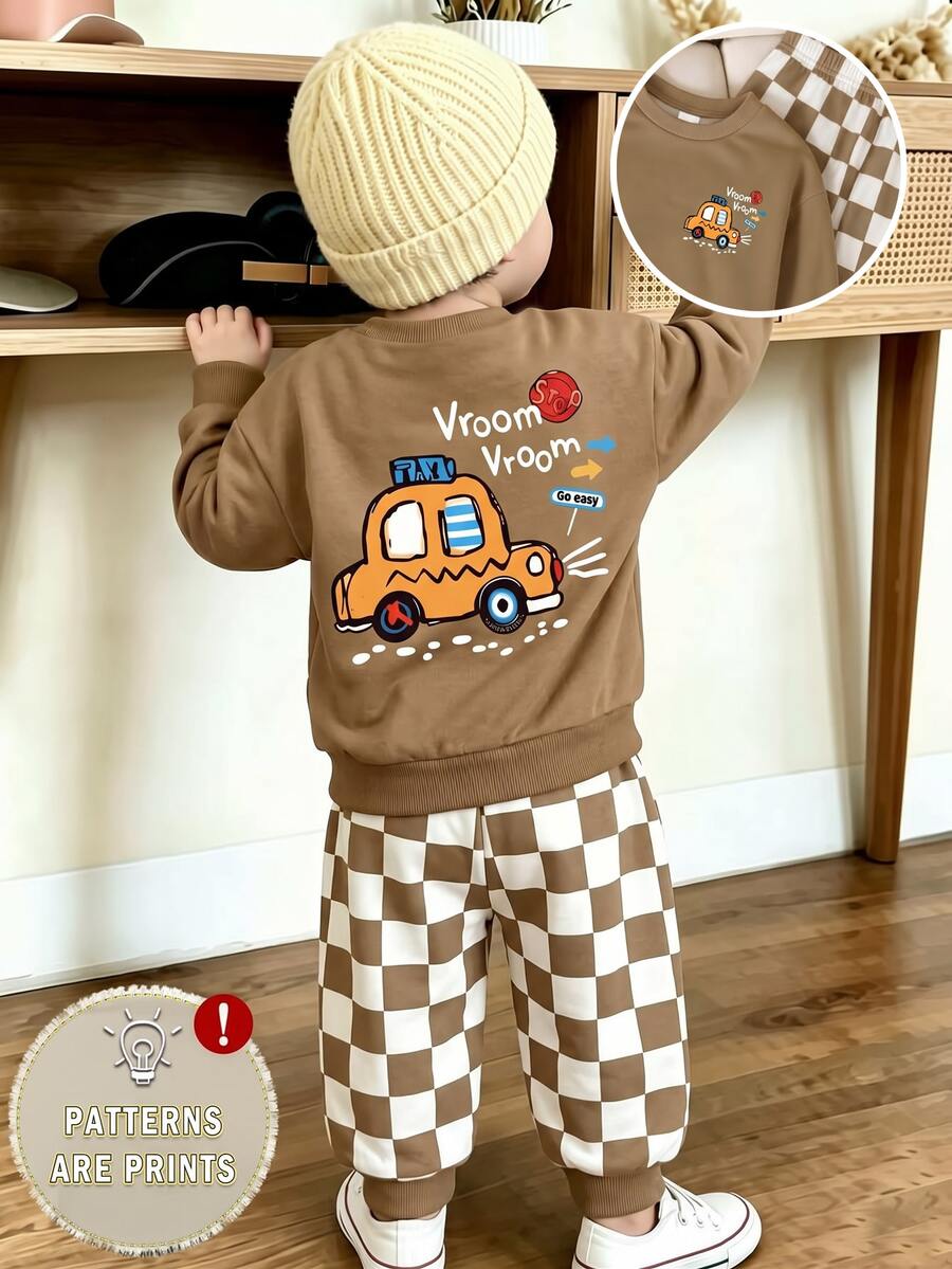 SHEIN 嬰幼兒秋冬抓絨運動衫與運動褲套裝,聖誕綠趣味小車卡通印花圖案,白色與綠色格紋長褲 - 彩色 - 查看 1