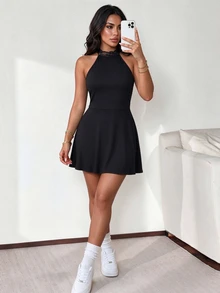 Slayform Slayform Women's Lace Patchwork Casual Daily Halter Neck Sports Dress - Black - View 5