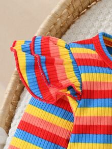 SHEIN Playful Pals 2件組女嬰韓式清新花卉與動物牛仔吊帶褲套裝，粉色荷葉袖羅紋長袖T恤，精緻花卉，柔軟面料，適中厚度，嬰兒2件套，春秋新品，適合派對、慶祝、日常穿著，0-1歲 - 藍色 - 查看 5