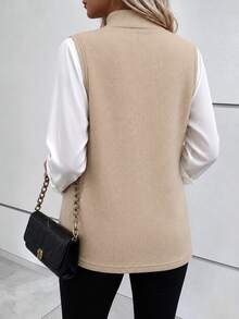 Zayélia Women's Bow-Knit Vest Layered With White Shirt 2 Pieces Set - Khaki and White - View 2