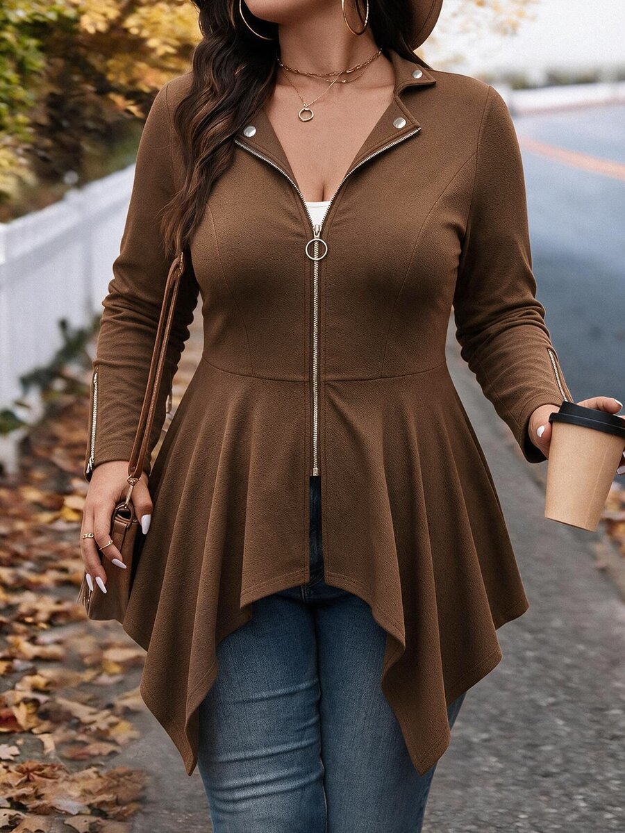 EMERY ROSE Plus Size Women's Best-Selling Elegant Slim Fit A-Line Asymmetrical Lapel Jacket, Slimming Minimalist Cut Design With Metal Zipper And Button Decoration, Suitable For Daily Versatile Commuting, Dating And Gathering - Coffee Brown - View 1